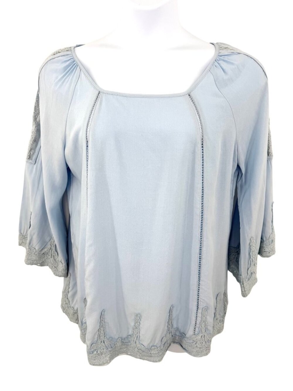 Light Blue Boho Peasant Top With Crochet Trim & 3/4 Sleeves By Solitaire - 1X